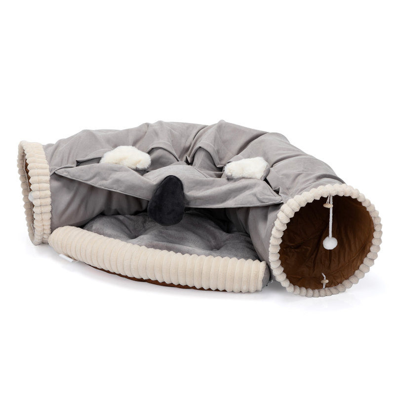 Tunnel d'intérieur gris pour chat lavable avec coussin et suspension - pliable, double fonction, sans assemblage, convient à 2 boules pliables