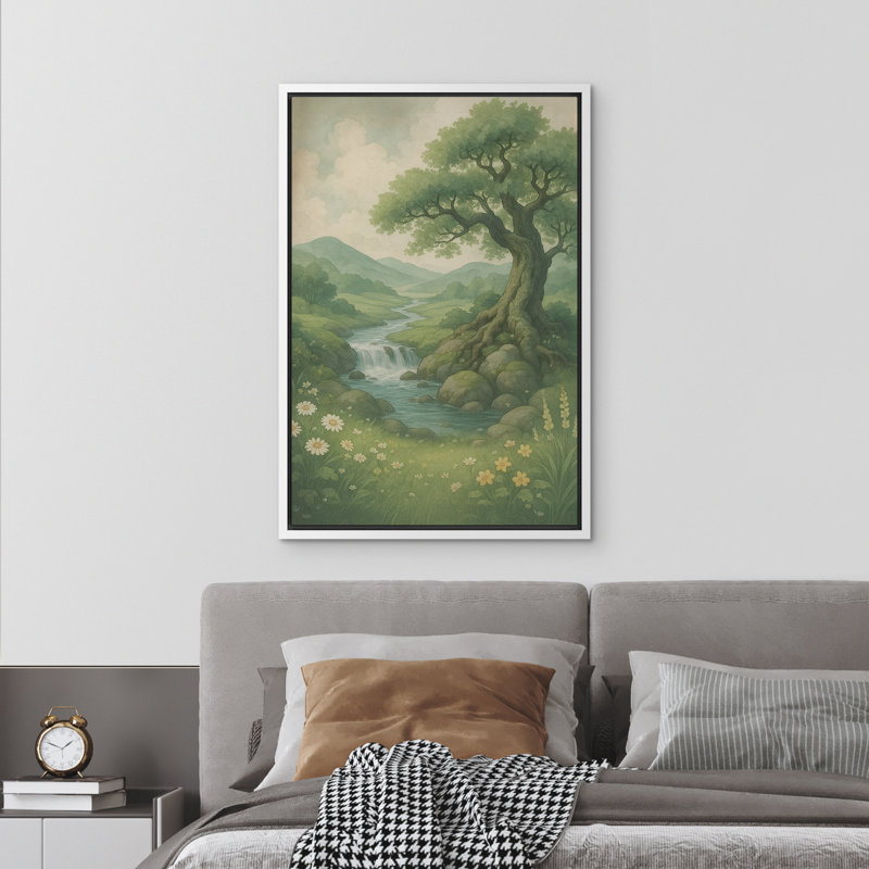 "Spring Valley Tree and Stream", art de la nature verdoyante avec fleurs et cascade, décor tranquille encadré pour salon