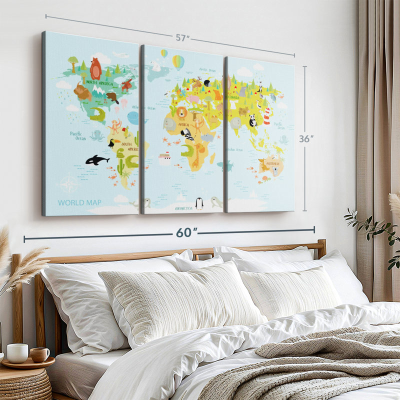 "Carte du monde des animaux" sur toile, H 36 po x l 57 po x P 1,25 po