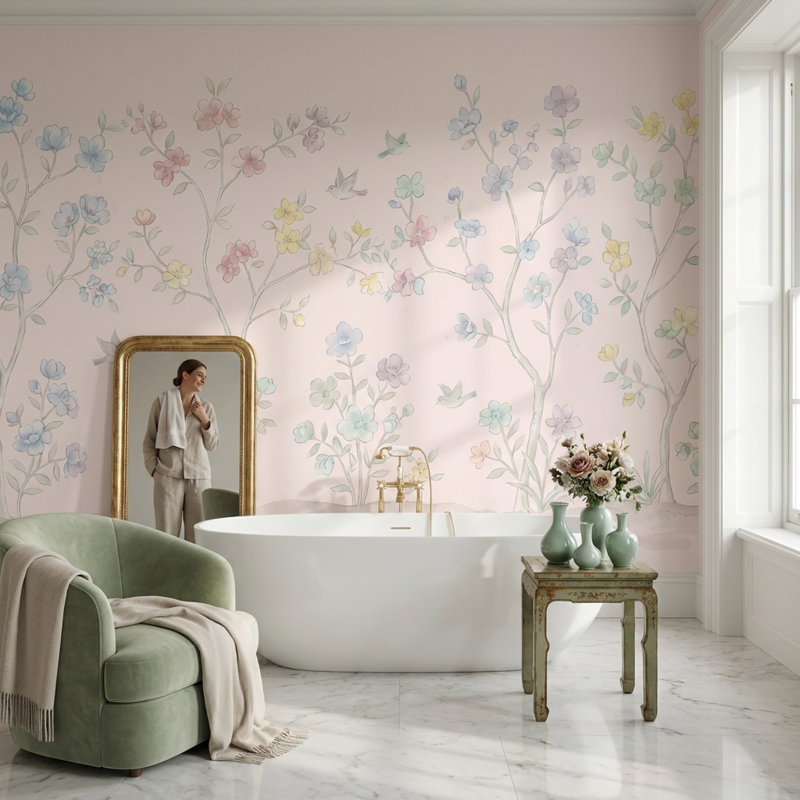 Papier peint floral pastel oiseaux de jardin, 100 po x 96 po, Non-Woven Nonpasted