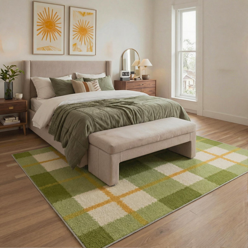 Modern Checkered Machine Washable Green / Beige / Orange Indoor Area Rug with Non-Slip Backing, Rectangle 8' x 10'