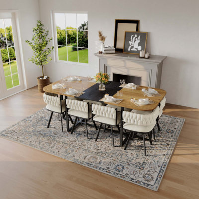 Ensemble de table de salle à manger 9 pièces, plateau de table en grain de bois fixe et triamine avec 8 chaises en velours, ensemble de table de cuisine moderne pour 8 personnes, idéal pour les réunions de famille