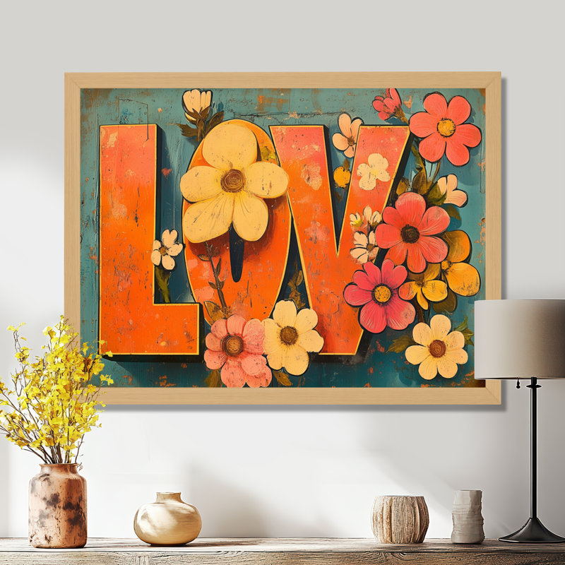 Amour groovy en fleurs - Tableau orange rétro encadré des années 70, H 30 po x l 40 po, Natural Picture Framed