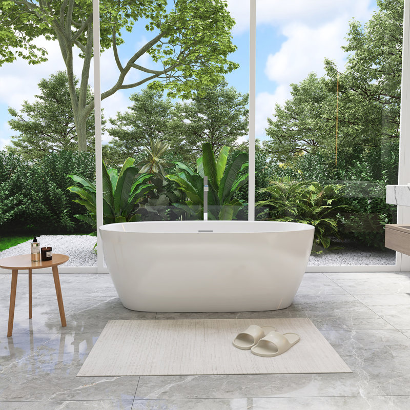 Beyaz 59" x 32" Freestanding Acrylic Soaking Bathtub in Glossy White with Drain and Overflow