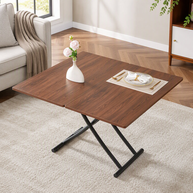 Table relevable multifonctionnelle minimaliste et moderne avec plateau en MDF de 2 cm d'épaisseur et pieds en métal, pouvant servir de coiffeuse, table basse, table à manger ou table de bureau.