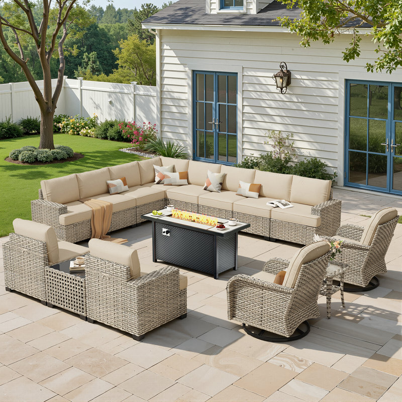 Outdoor 12-Person Rattan Settee Sofa Set, Equipped With A 54-Inch Liquefied Gas Fireplace Table, And Available In Multiple Color Options For The Cushions.