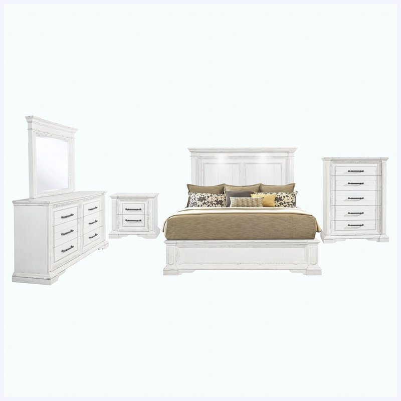 Ensemble de chambre à coucher avec lit très grand 5 pièces Vintage White, 5 Pcs: Bed, Nightstand, 2 Dressers, Mirror, King