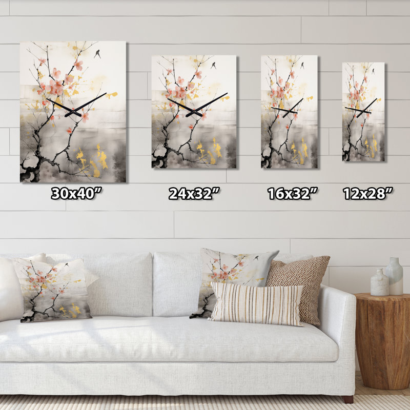 Asian Art Sumi Blossom I - Horloge murale asiatique moderne, H 32 po x l 24 po x P 1 po