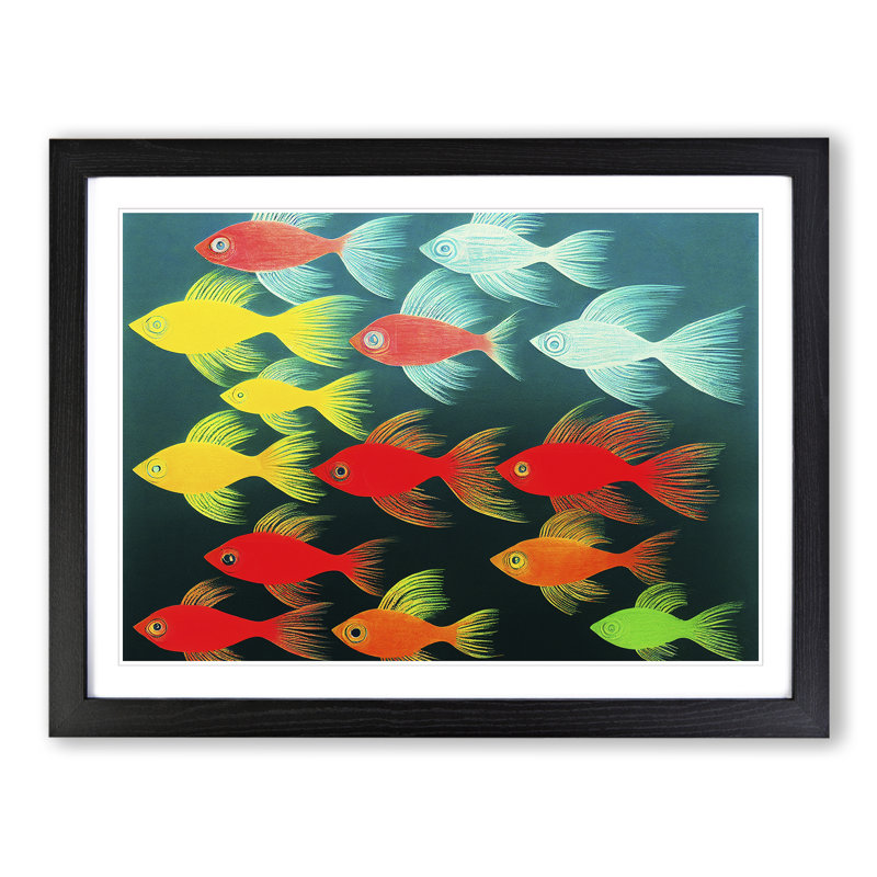 XH1022-6991X Pleasant Fish - Single Picture Frame Print, Black , 34cm H x 46cm W