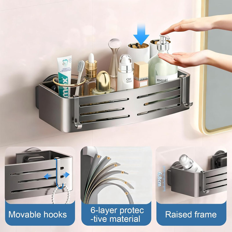 Serviteur de douche à ventouse 2 pièces, tablettes de douche à ventouse très robustes avec crochets