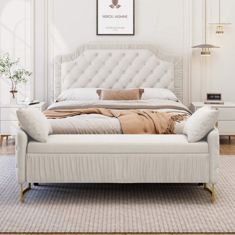 Ensemble de chambre à coucher 2 pièces avec lit capitonné en velours capitonné et capitonné, Blanc