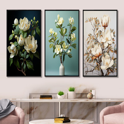 Beige Art of Magnolias - Magnolias, ensemble de 3 reproductions d'art sur toile