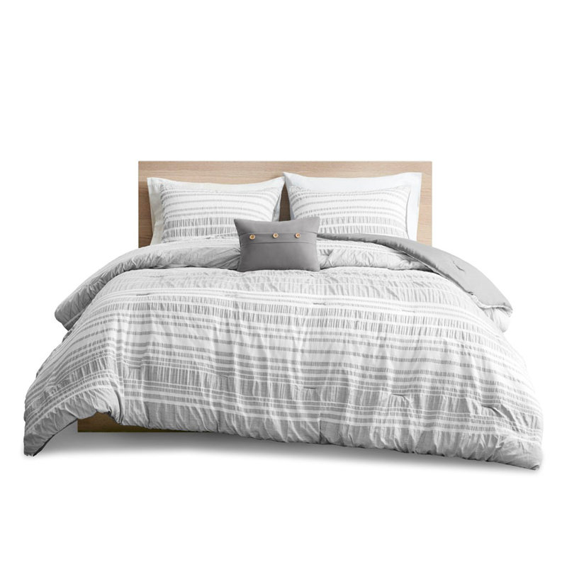 Ensemble de housse de couette à rayures grises Endellion de Gracie Mills, Édredon pour lit double / grand lit + 3 pièces s