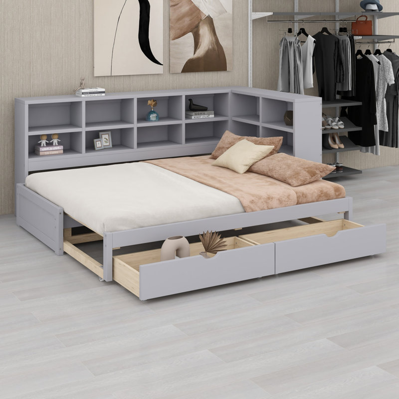 Lit de jour avec deux tiroirs de rangement, lumière DEL et ports USB, Gris