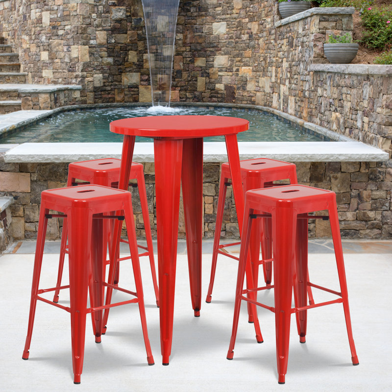 Colbert 30'' Round Metal Indoor-Outdoor Bar Table Set with 4 Square Seat Backless Stools, Red, 41" H x 24" W x 24" L