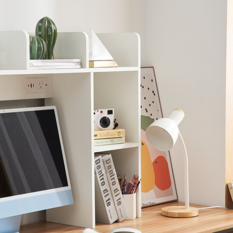 Classic Dorm Desk Bookshelf with Outlet - White