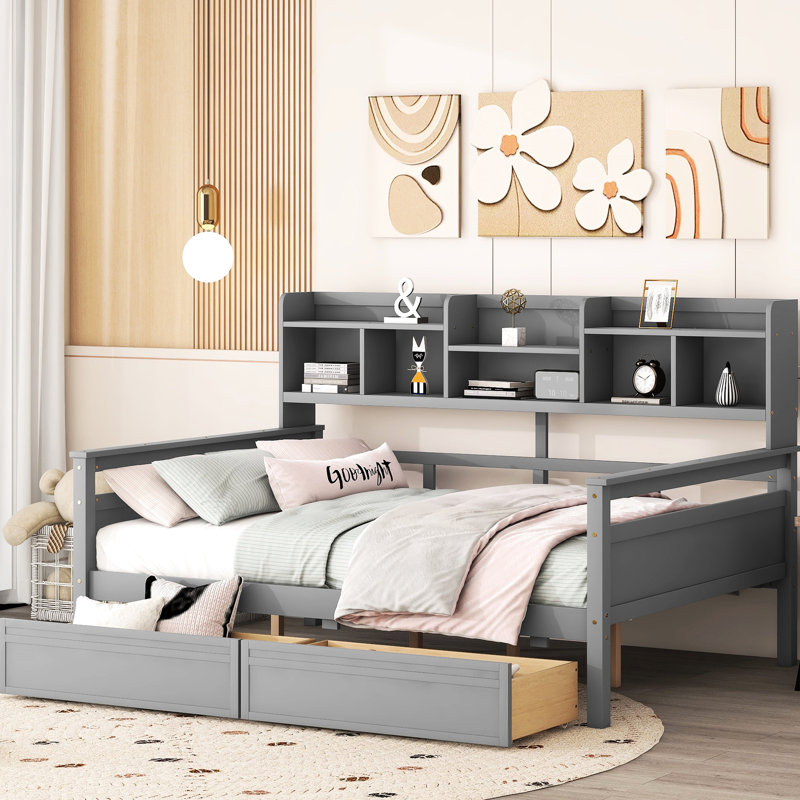 Lit de jour gris avec lattes en bois massif, tablette de chevet et 2 tiroirs - polyvalent pour le soutien de la chambre à coucher et du salon, style de salon fonctionnel
