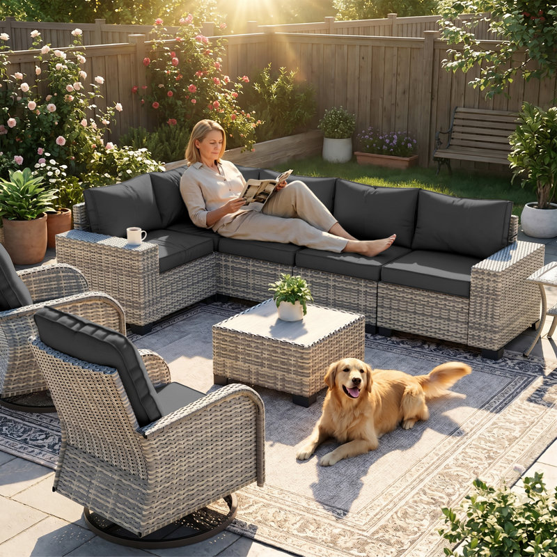Ensemble de conversation 9 pièces pour patio en osier avec accoudoirs larges, canapé modulaire et chaises pivotantes 9 pièces