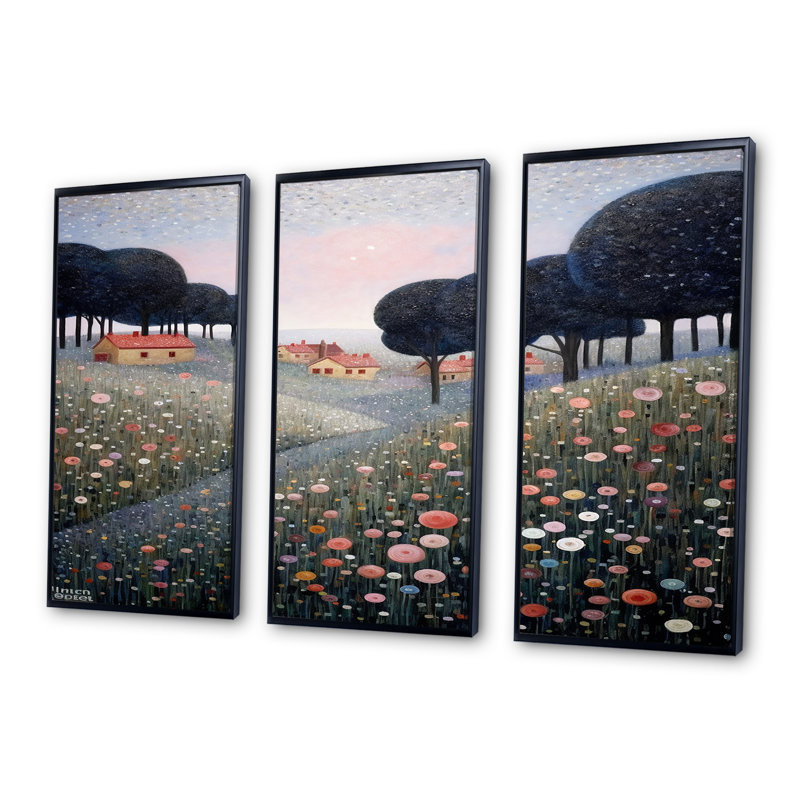 «Blooming Wildflowers In Countryside Town», ensemble d'art mural prairie, H 28 po x l 36 po x P 1 po, Cadre flottant noir