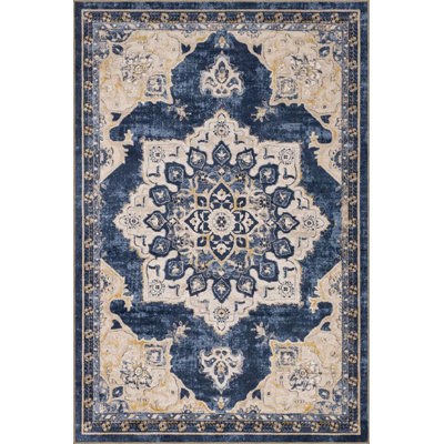 Blue Cream Traditional Checkered Floral Woven Base Washable Carpet