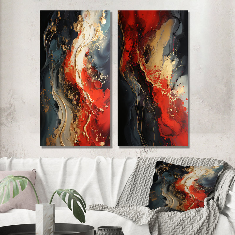 Rouge et or feu de marbre IV - ensemble de 2 reproductions d'art sur toile, Toile tendue, H 28 po x l 25 po