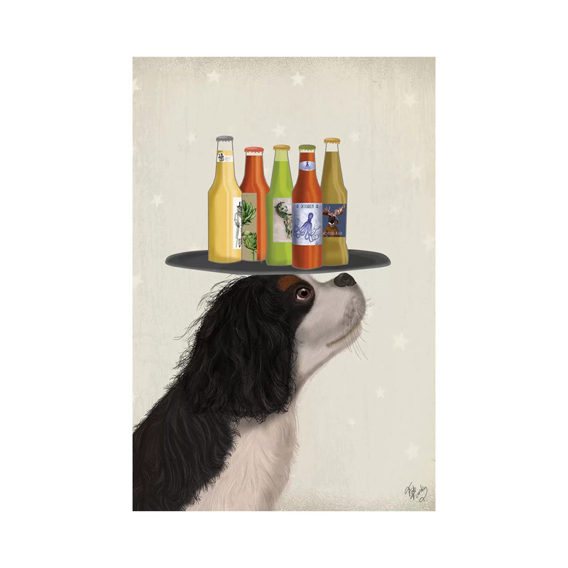 King Charles Spaniel Black White Beer Lover by Fab Funky - Wrapped Canvas Print, 20.32 cm H x 30.48 cm W