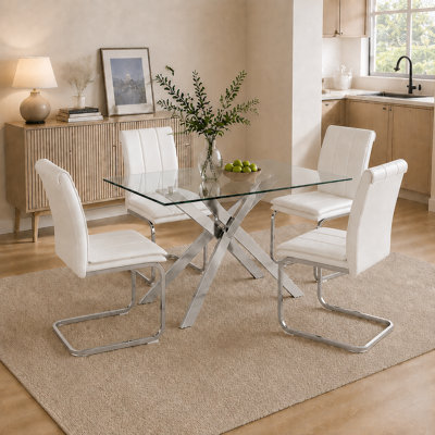 Ensemble de table de salle à manger 5 pièces en verre pour 4 personnes, ensemble de table et chaises de cuisine moderne en verre trempé, 4 chaises rembourrées, ensemble de salle à manger pour petit appartement peu encombrant