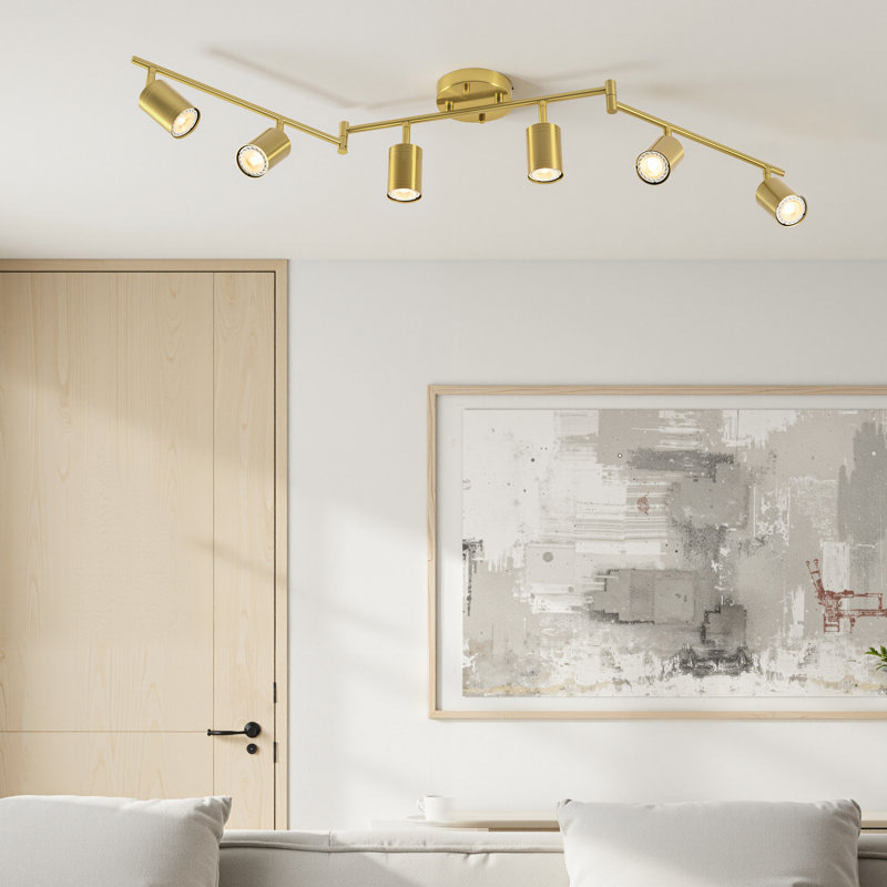 Luminaire sur rail 6 lumières avec têtes réglables et 6 ampoules incluses, Doré, Doré