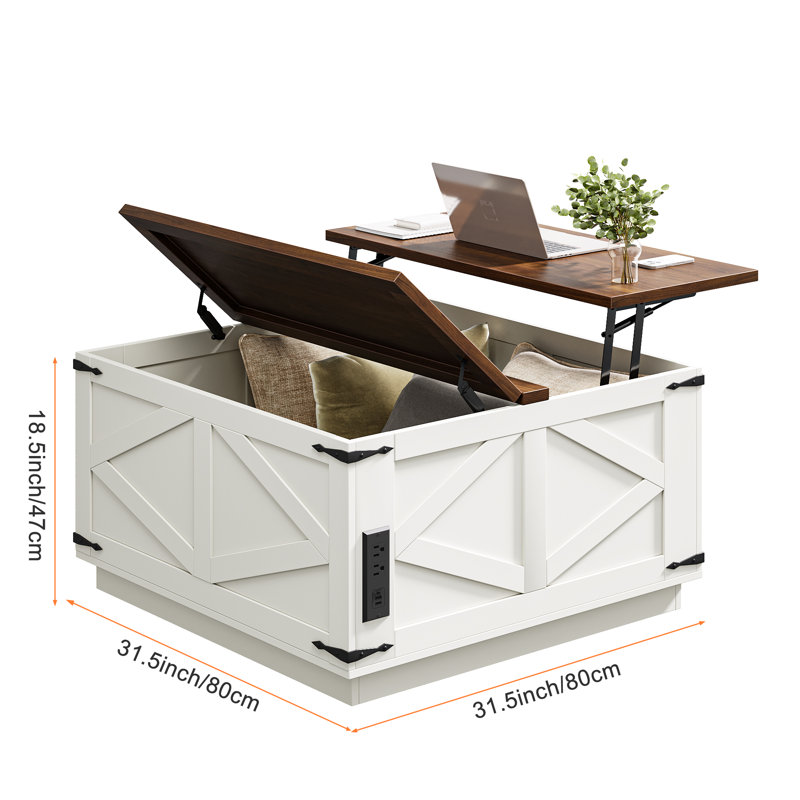 Farmhouse Lift Top LED Coffee Table With Storage, Wanut Top/White Base
