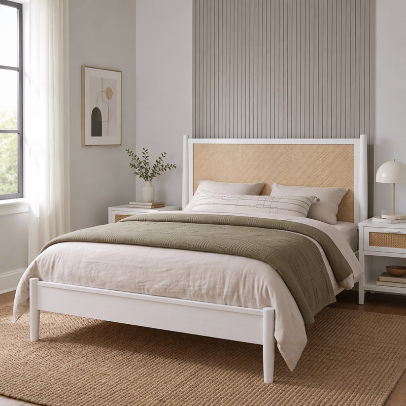 Structure de lit plateforme avec tête de lit en rotin, conception en osier de style bord de mer bohème, aucun sommier requis, support de lattes en bois