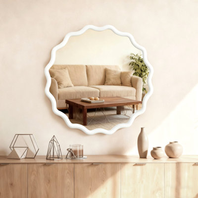 Miroir décoratif blanc rond en bois massif ondulé de 30 pouces pour la chambre à coucher, la salle de bain, le salon et le vestibule
