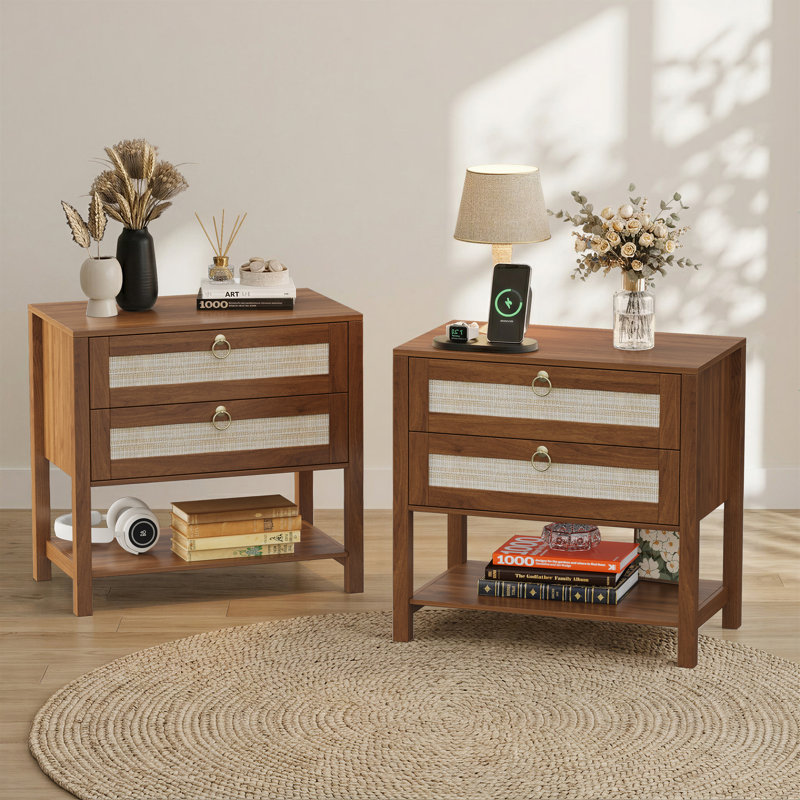Ensemble de table de chevet en rotin de 26,8 po de largeur avec table de chevet à 2 tiroirs et tablette ouverte Boho, Brown