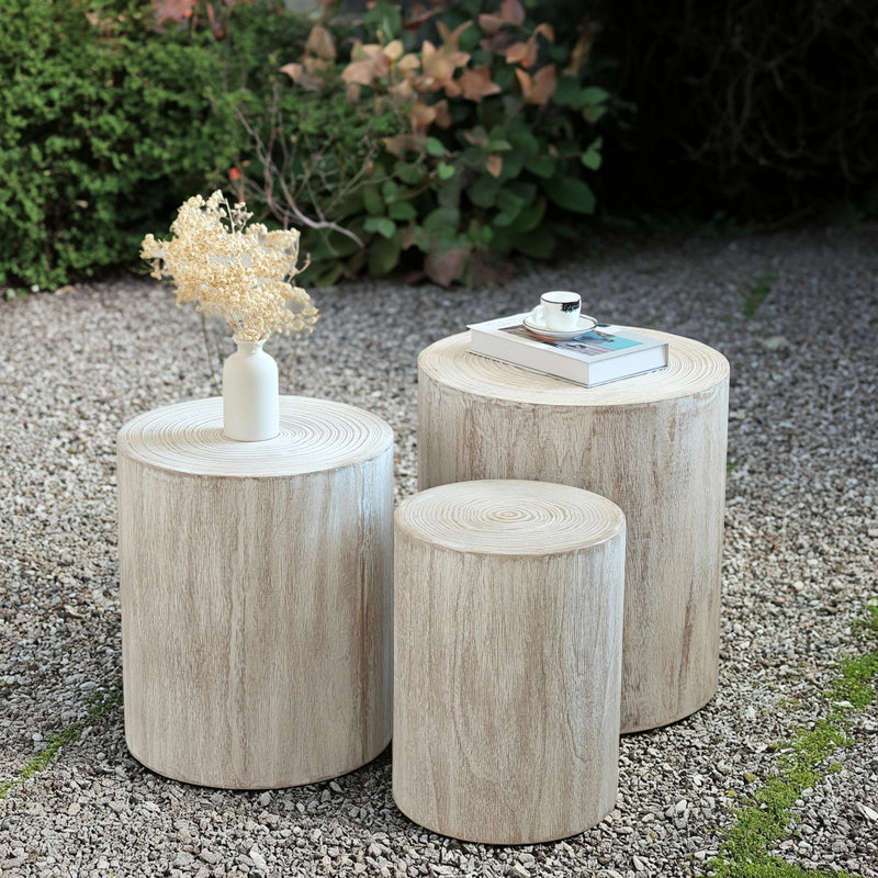 Ensemble de 3 tables basses rondes en bois, tables de bout, supports à plantes et pièces décoratives - finition bois blanchi