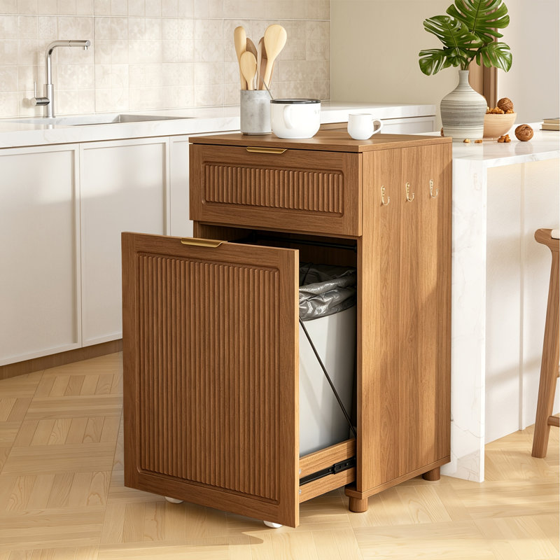 Armoire à poubelle 13 gallons, poubelle escamotable cannelée de 20 po avec tiroir et 3 crochets, armoire à linge en bois pour la cuisine, le salon, la chambre à coucher