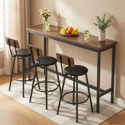 Ensemble de table de bar et chaises pour 3, ensemble de table de salle à manger industriel 4 pièces avec 3 tabourets de bar rembourrés en polyuréthane, ensemble de table de bar pour cuisine, salle à manger, salon, bar, café, coin petit espace, brun rustique