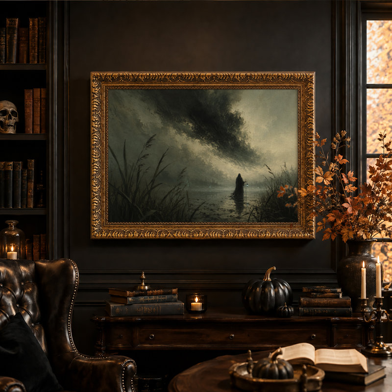 Personnage encapuchonné avec lanterne dans un marais sombre et brumeux - Toile murale d'Halloween, H 20 po x l 30 po