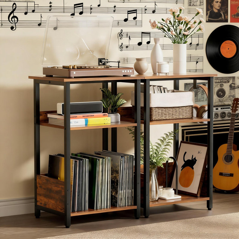Record Player Stand & Vinyl Storage Cabinet, Wood Finish Media Console