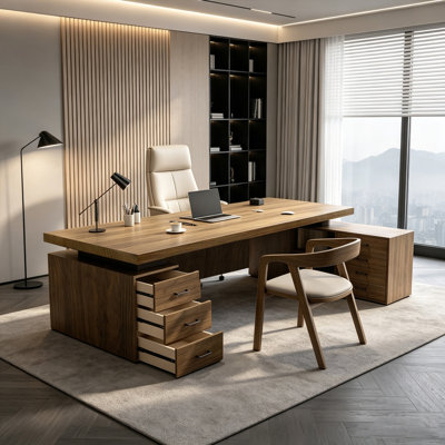 Bureau de direction en L en bois massif noyer clair avec tiroirs
