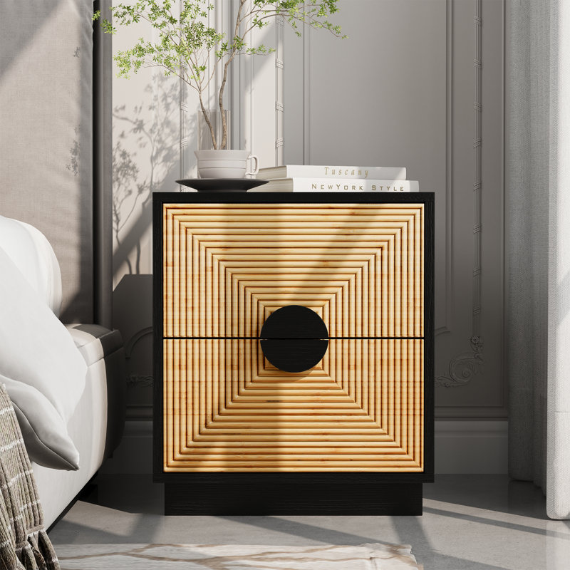 Modern Boho 2-Drawer Nightstand with Geometric Rattan Front & Black Frame, Black, Individual