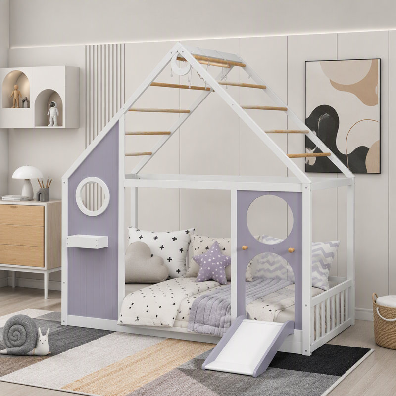 Lit maison avec glissade, bande lumineuse à billes, lit plateforme en bois avec façade, Mauve