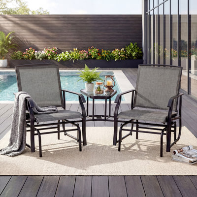 Outdoor Glider Chairs and Table set, Patio 2-Seat Rocking Chair Swing Loveseat with Glass Coffee Table by Winston Porter
