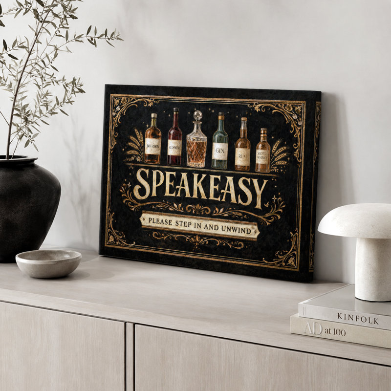 «Speakeasy Vintage Bottle Bar», impression sur toile encadrée, impression sur toile, H 12 po x l 18 po x P 1,5 po