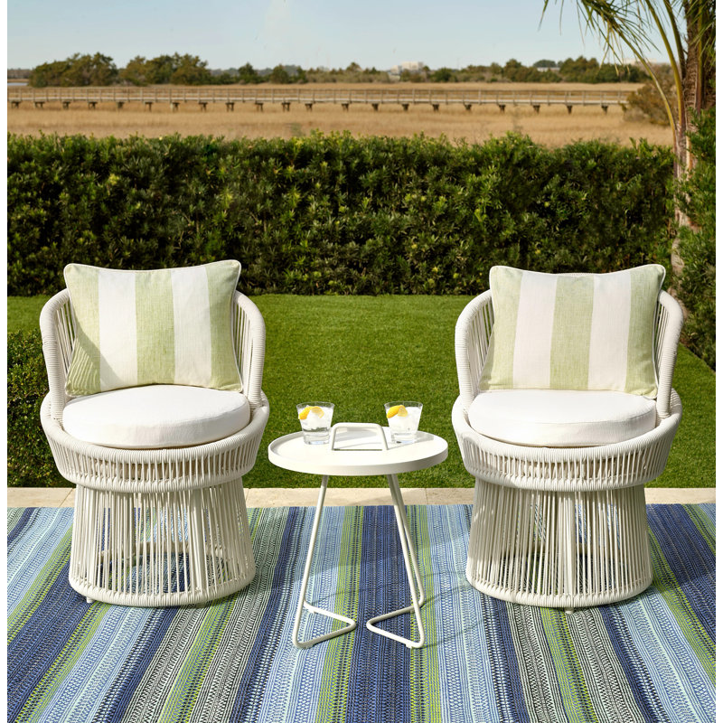 Fiesta Stripe French Blue/Green Handwoven Indoor/Outdoor Rug, Rectangle 4' x 6'