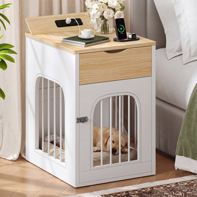 Dog Crate Furniture with Drawer, Nightstand with Charging Station,  Indoor Dog Kennel for Small Dog