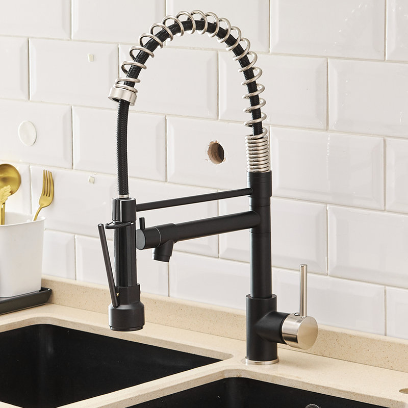 Pull Down Kitchen Faucet, Single Lever, Matte Black Surface, For Contemporary Kitchens Dual Settings, Black+Silver, 360-Degree Swivel