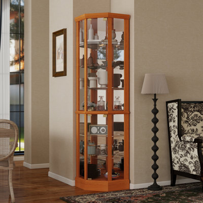 6 Shelf Corner Curio Cabinet with Lighted System Adjustable Tempered Glass Shelves and Mirror Back(E26 light bulb not included)