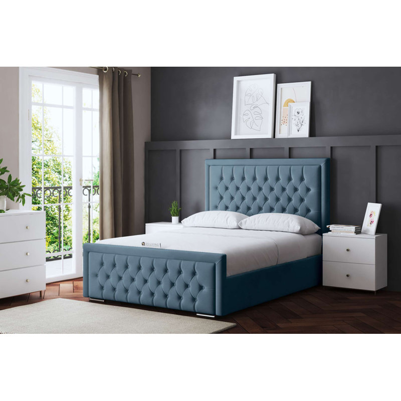 Allegra Upholstered Bed with Headboard, Blue, Double (4'6)