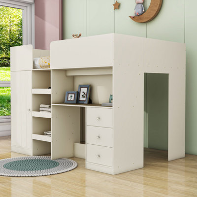 Lit mezzanine double avec armoire, bureau et tiroirs Alescia