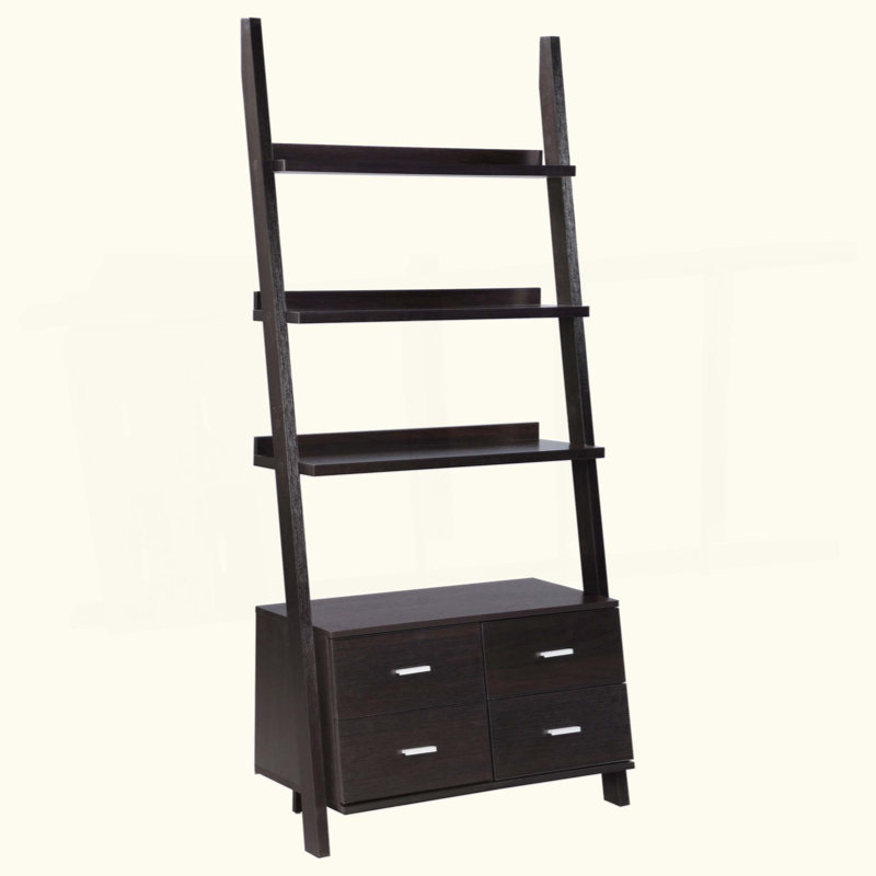 5-Shelf Ladder Bookshelf With 4 Drawers, Space-Saving Leaning Design