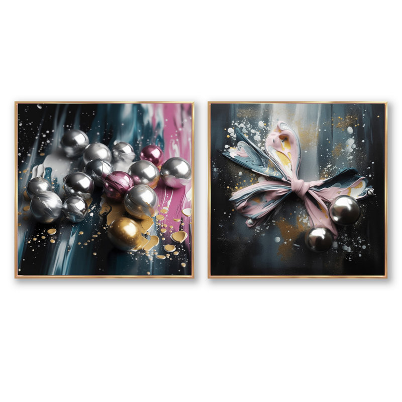 Glam rose et formes argentées - ensemble de 2 collages Fashion Square, Cadre flottant doré, H 30 po x l 61 po